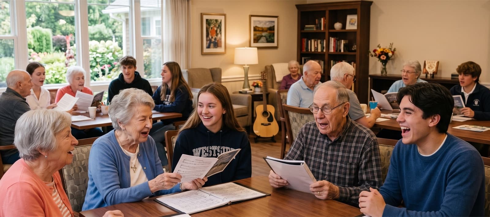 Senior residents and high school student volunteers laughing together over sheet music around a table