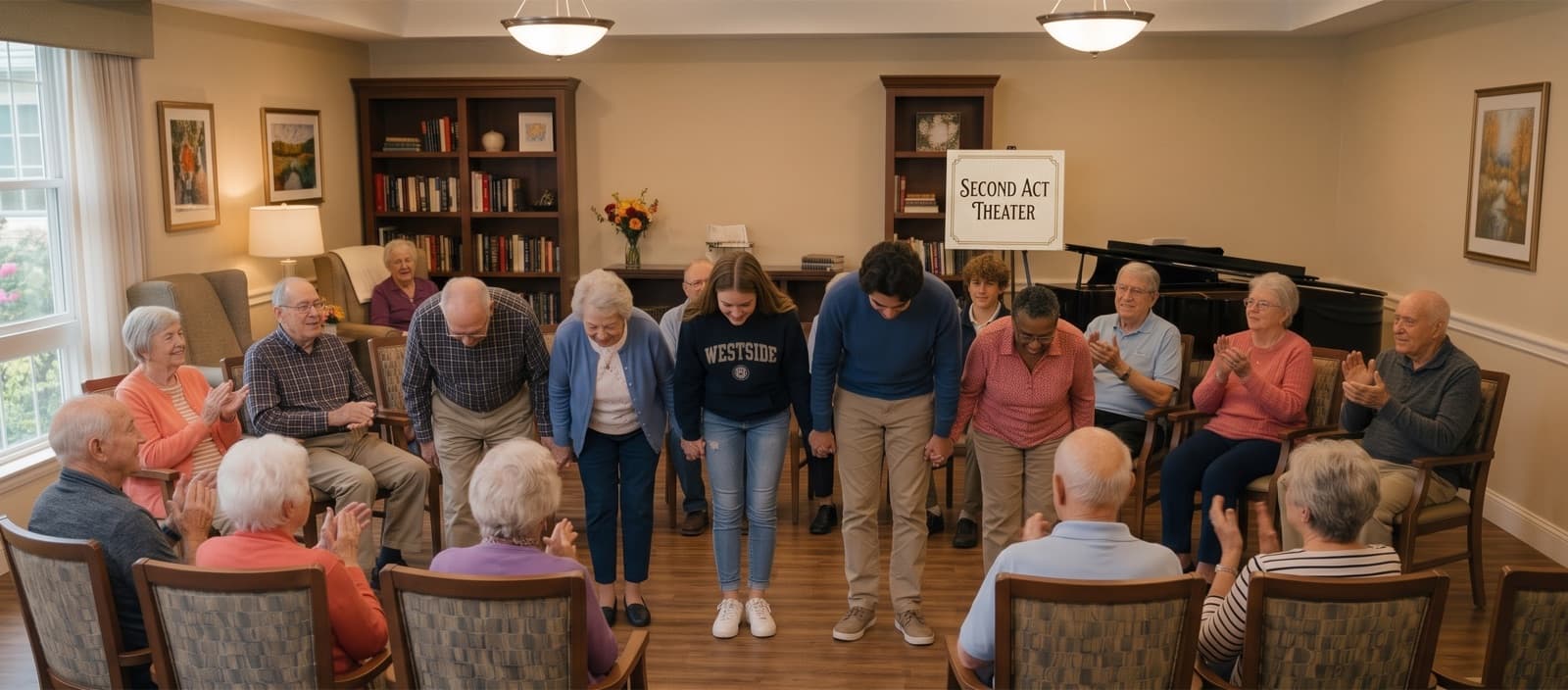 A senior resident and a high school student volunteer holding hands and taking a bow as the group applauds