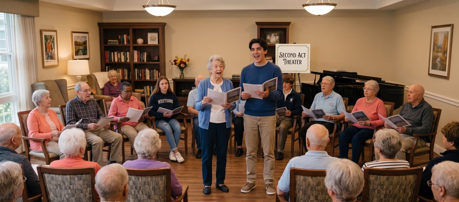 A senior resident and a high school student volunteer singing together from songbooks while residents look on